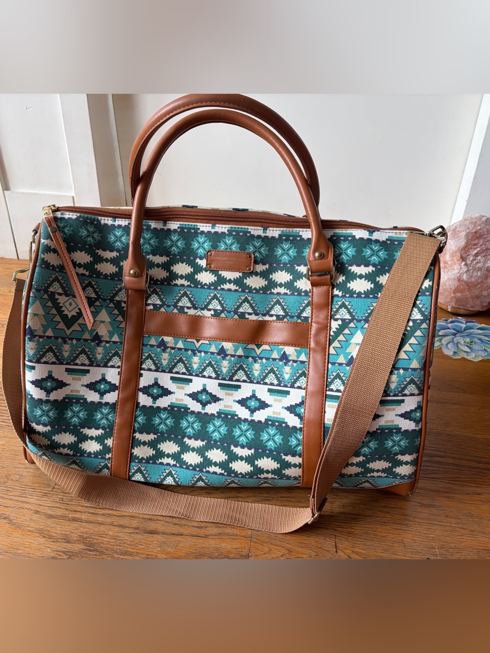Adrienne Vittadini Studio Teal Aztec-Pattern Travel Weekender Bag Brown Trim